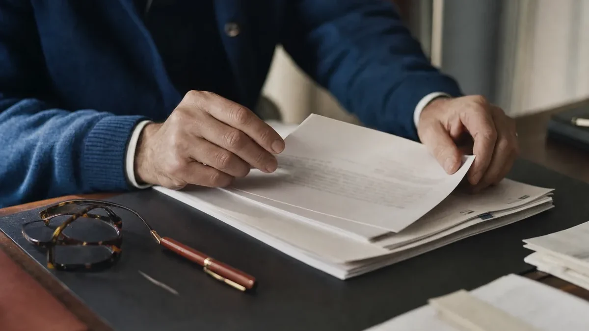 Hands turning the pages of a stapled printed document beside reading glasses and a red pen