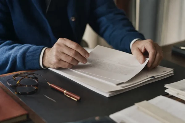 Hands turning the pages of a stapled printed document beside reading glasses and a red pen