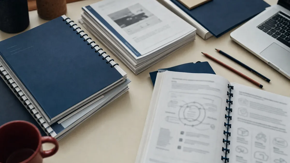Ring-bound coursebooks and printed handouts on a cream desk beside a laptop