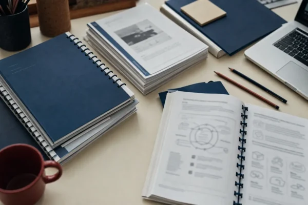 Ring-bound coursebooks and printed handouts on a cream desk beside a laptop