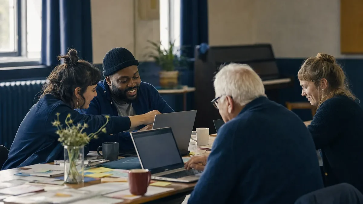 Four people with laptops working together around a long table with sticky notes and coffee cups
