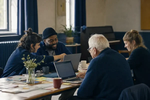 Four people with laptops working together around a long table with sticky notes and coffee cups
