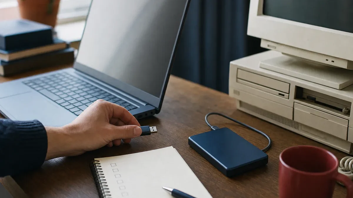 Hand inserting a USB drive into a modern laptop with an older computer and a checklist notebook nearby