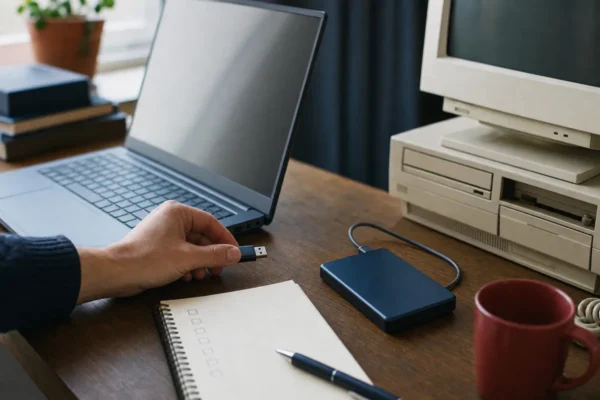 Hand inserting a USB drive into a modern laptop with an older computer and a checklist notebook nearby